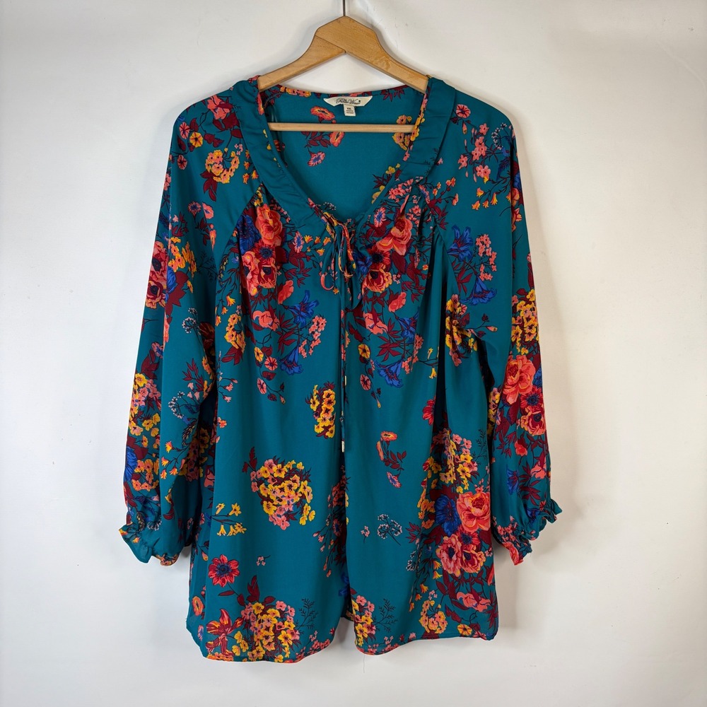 The Pioneer Woman Blouse Women XXL Teal Floral Tie Neck Ruffle Sleeve